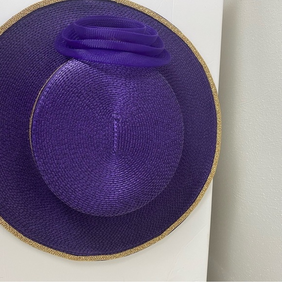 Derby Style Purple Sparkly Metallic Gold Trim Women Church Hat with Bow main image 8